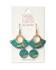 Tribal Earth gold earrings with a teal Maori inspired design
