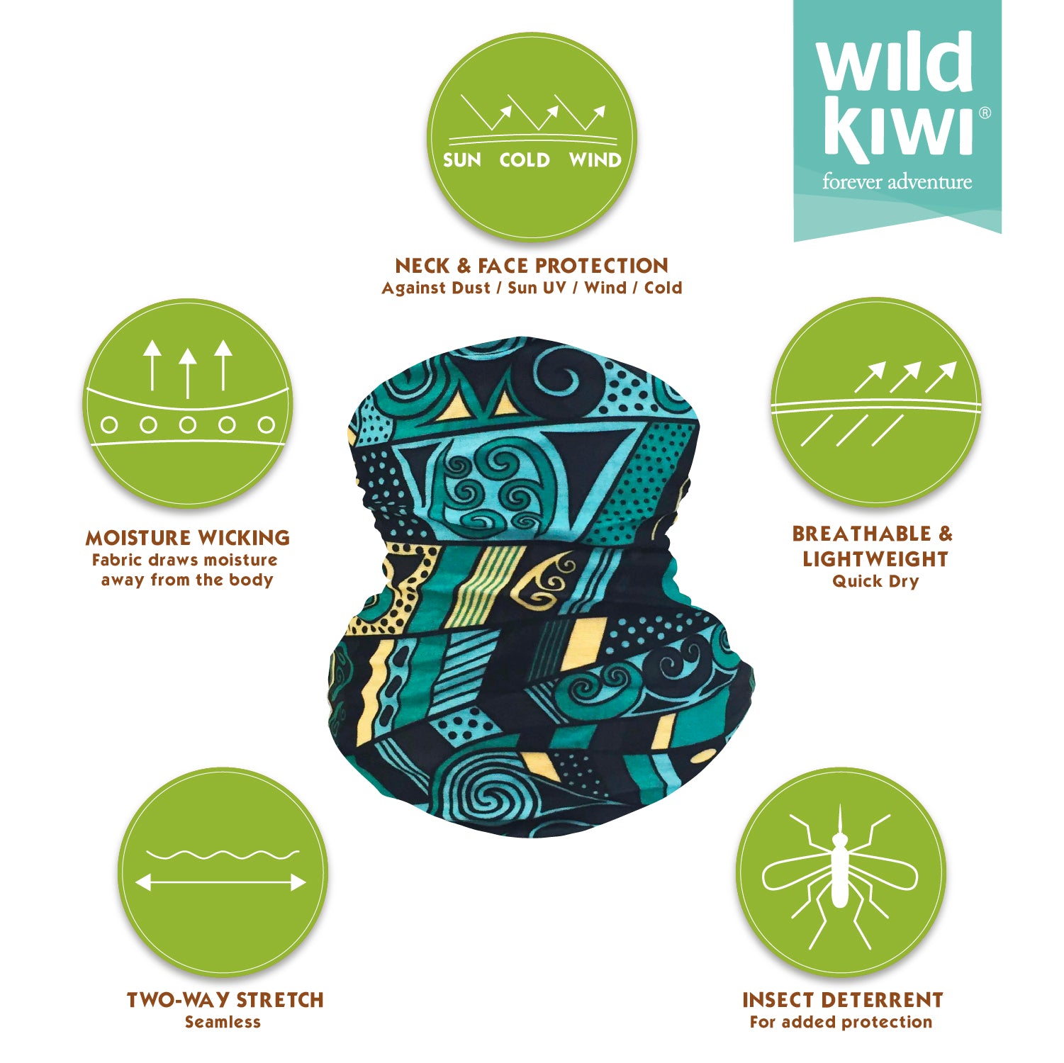 Wild Kiwi Multi Scarf provides sun, dust and wind protection