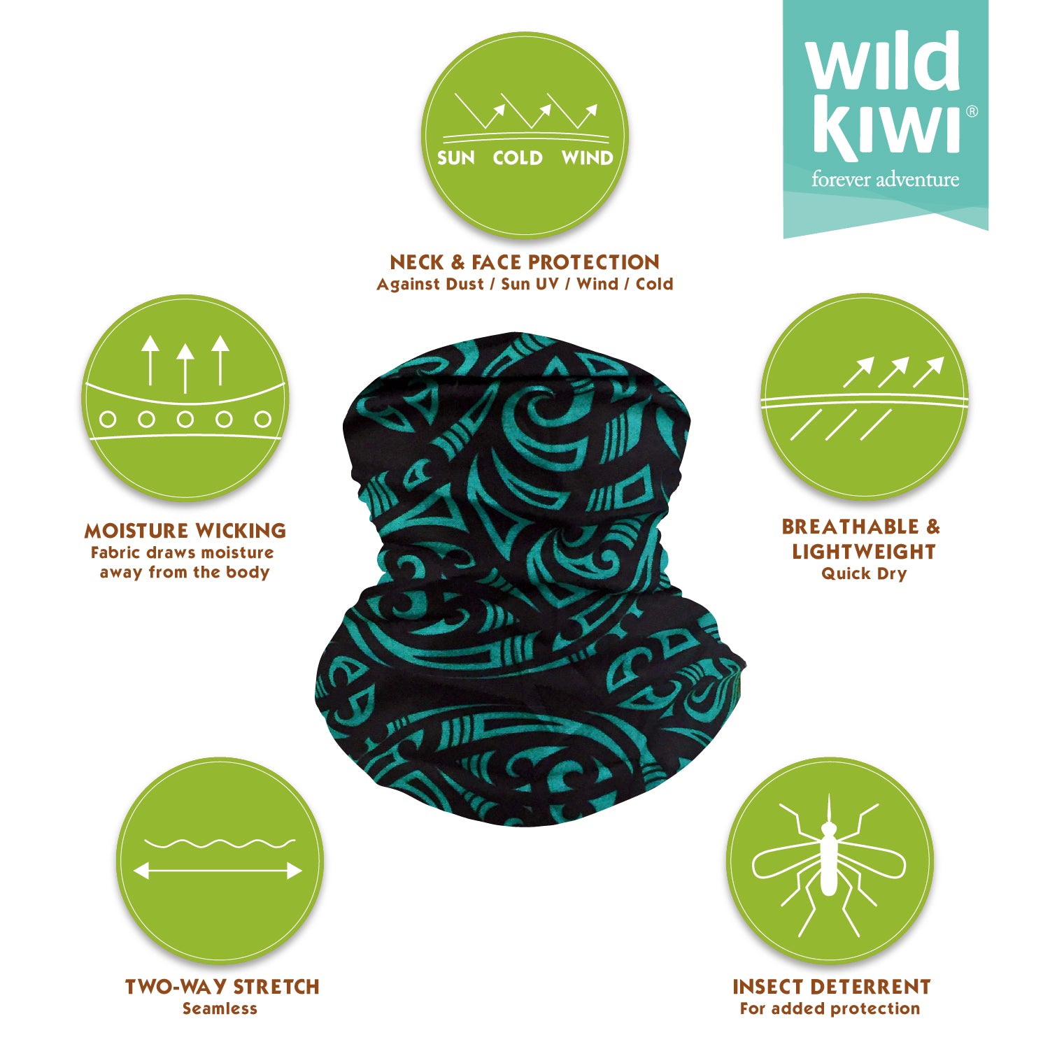 Wild Kiwi Multi Scarf provides sun, dust and wind protection