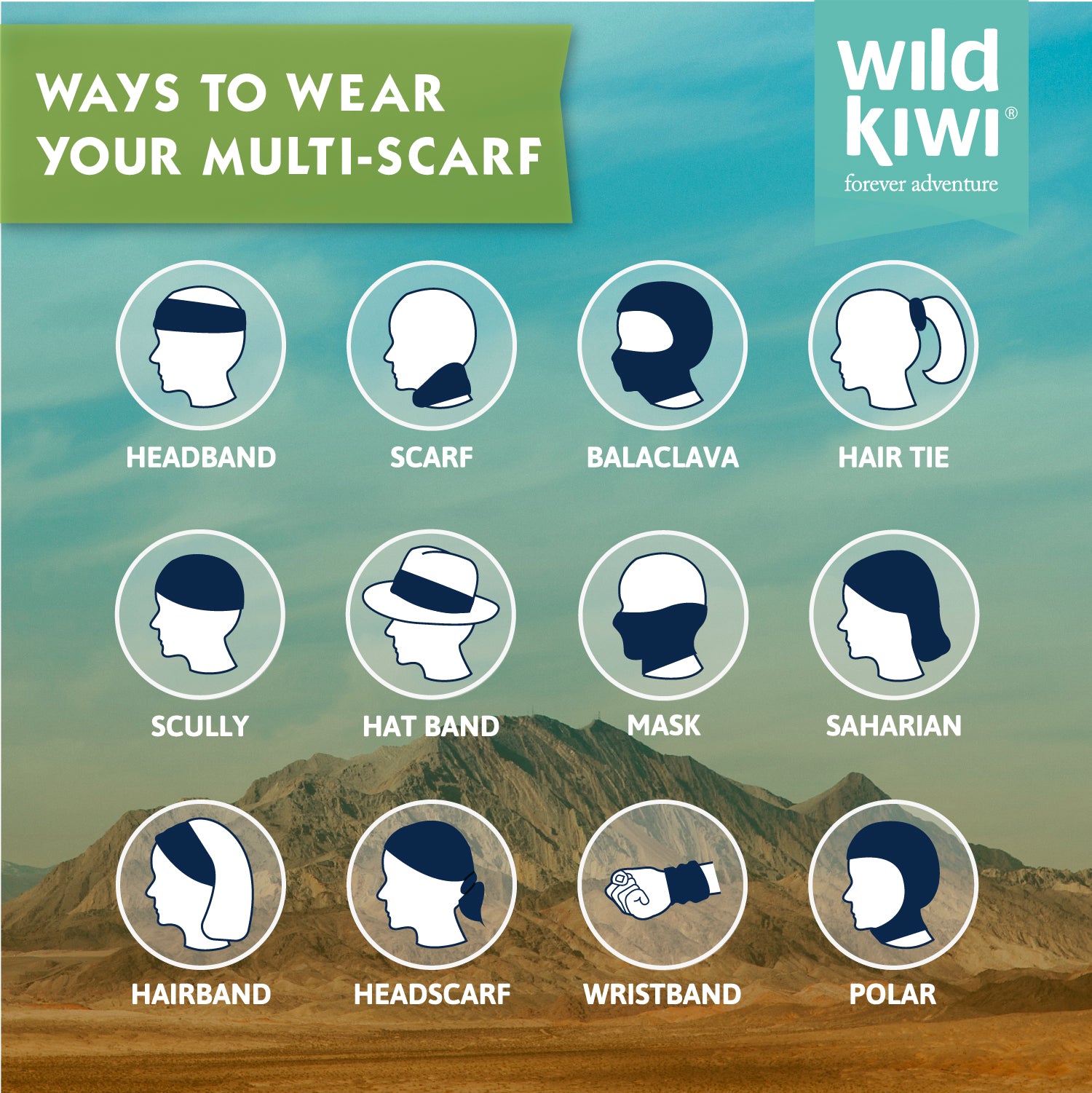 Wild Kiwi Multi Scarf provides sun, dust and wind protection