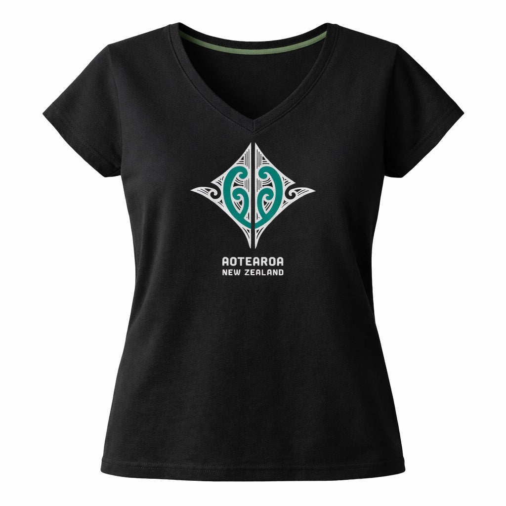 Women's black t-shirt with a green and white Maori design and 'Aotearoa New Zealand' text on a white background