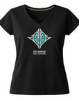 Women's black t-shirt with a green and white Maori design and 'Aotearoa New Zealand' text on a white background