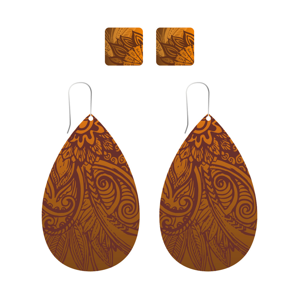 Teardrop-shaped earrings with intricate Maori inspired brown pattern.
