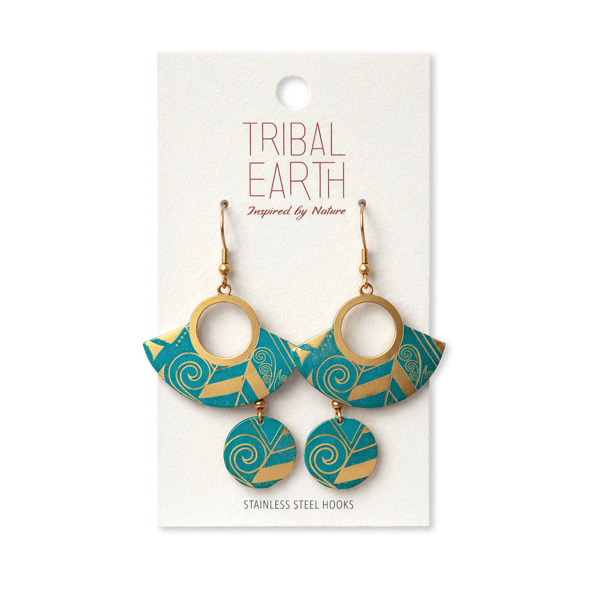 Tribal Earth gold earrings with a teal Maori inspired design