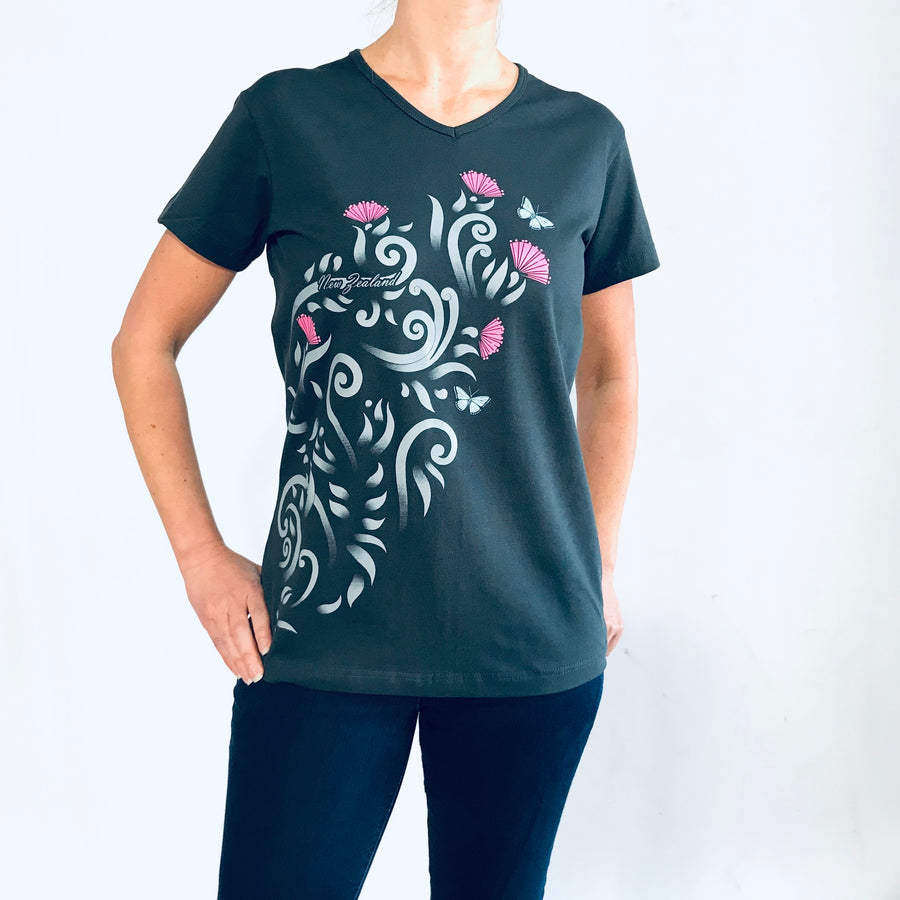 Womens New Zealand T Shirt-Pohutukawa-Cotton|Elastane