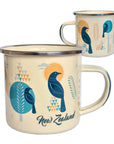 Enamel travel mug. Tui bird design. Designed in New Zealand. www.wild-kiwi.co.nz