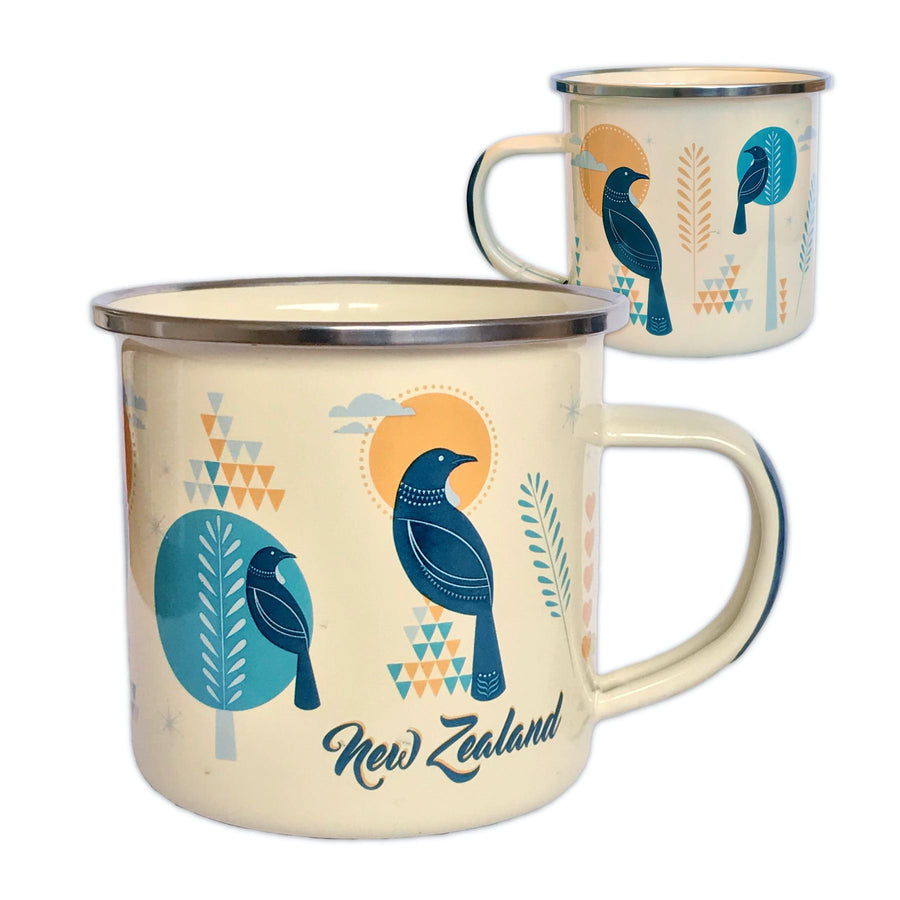 Enamel travel mug. Tui bird design. Designed in New Zealand. www.wild-kiwi.co.nz