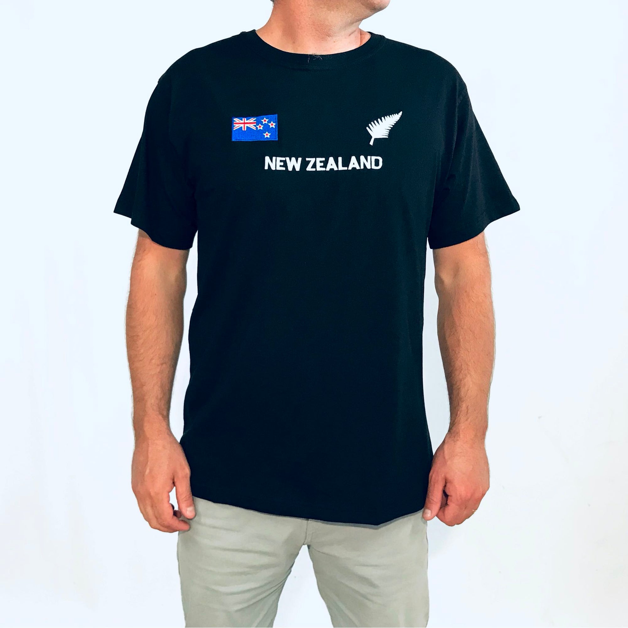 New Zealand flag and silver fern embroidered Men&#39;s T-Shirt, Wild Kiwi Clothing, New Zealand. www.wild-kiwi.co.nz