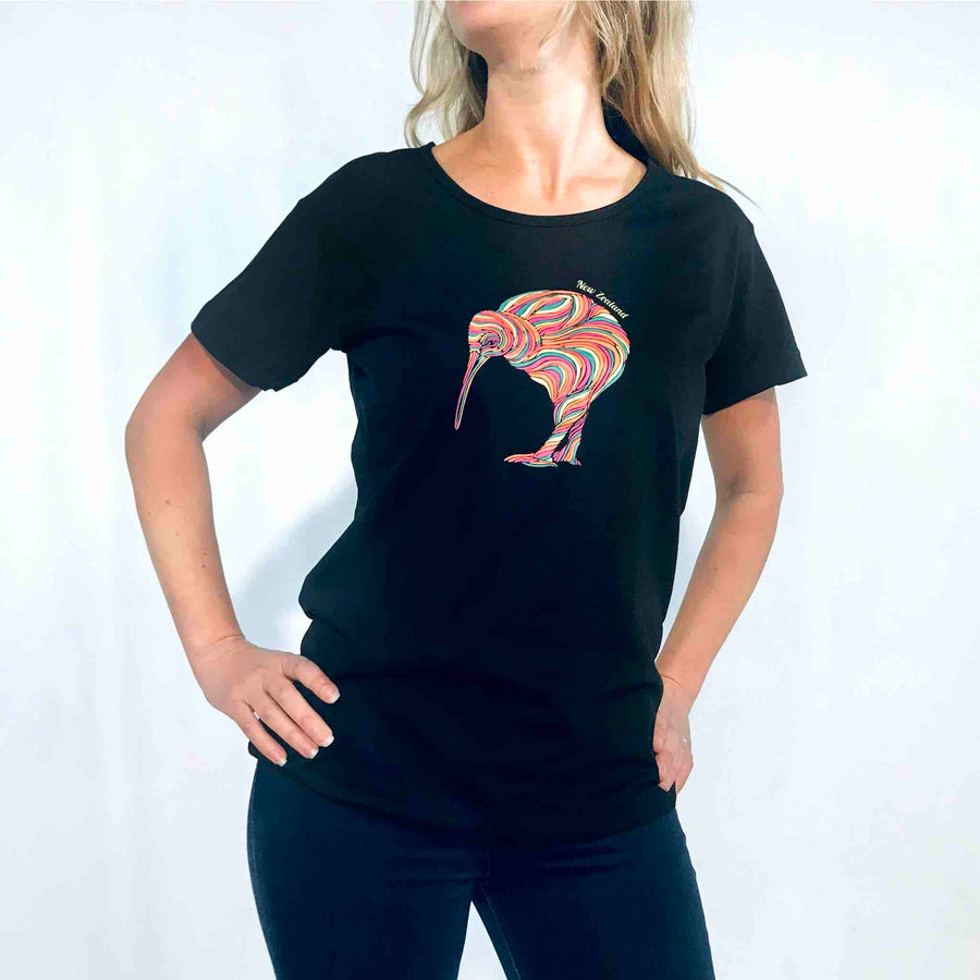 Womens New Zealand T Shirt-Rainbow Kiwi-100% Cotton