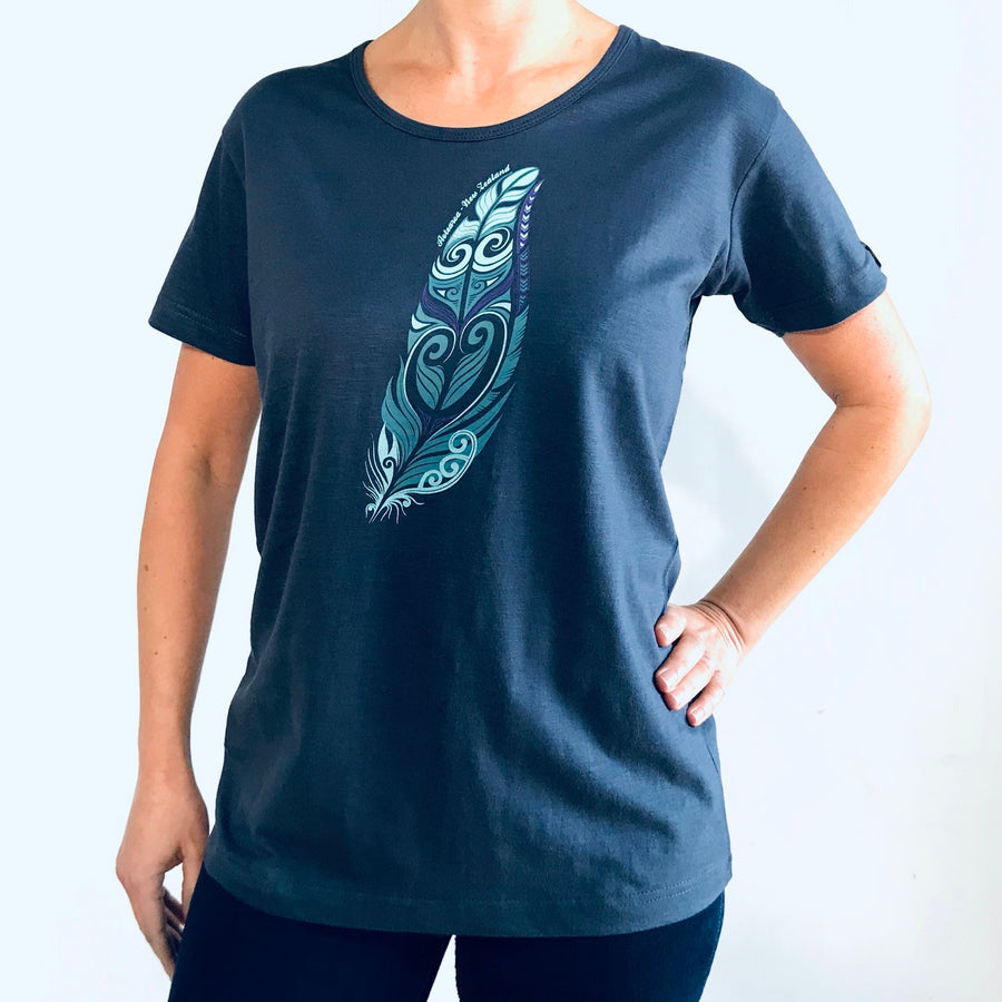 Womens New Zealand T Shirt-Feather-100% Cotton