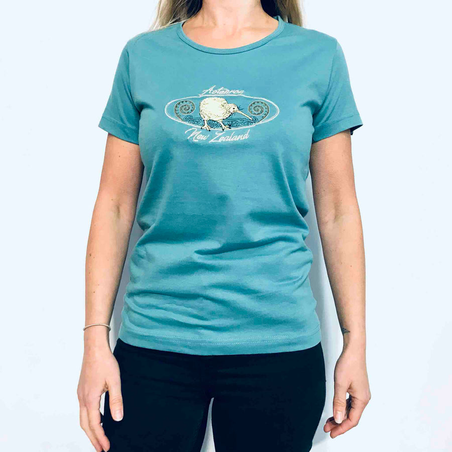 Womens New Zealand T Shirt-Embroidered Kiwi-100% Cotton